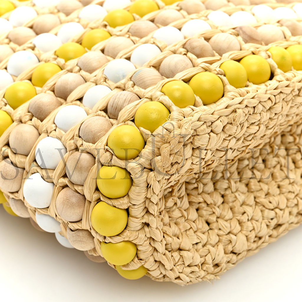 PRADA RAFFIA EMBROIDERED WOOD BEADED LOGO TOTE BAG TAN (25*20*6cm) PRADA RAFFIA EMBROIDERED WOOD BEADED LOGO TOTE BAG TAN (25*20*6cm)