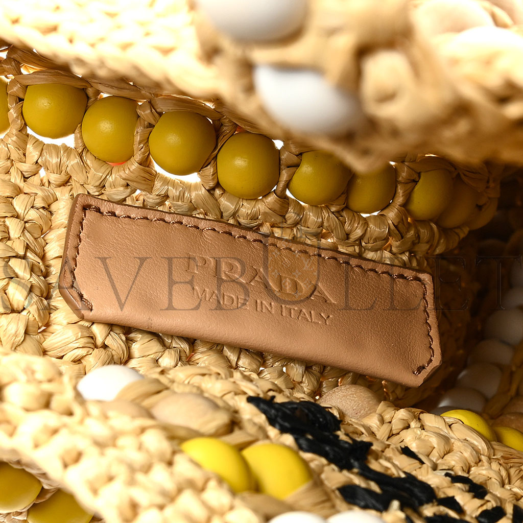 PRADA RAFFIA EMBROIDERED WOOD BEADED LOGO TOTE BAG TAN (25*20*6cm) PRADA RAFFIA EMBROIDERED WOOD BEADED LOGO TOTE BAG TAN (25*20*6cm)