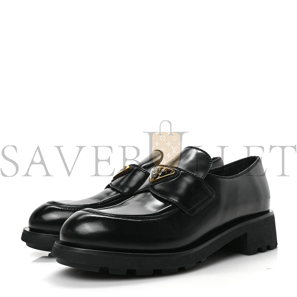 PRADA SPAZZOLATO METAL TRIANGLE LOGO 50MM LUG SOLE LOAFERS 39 BLACK