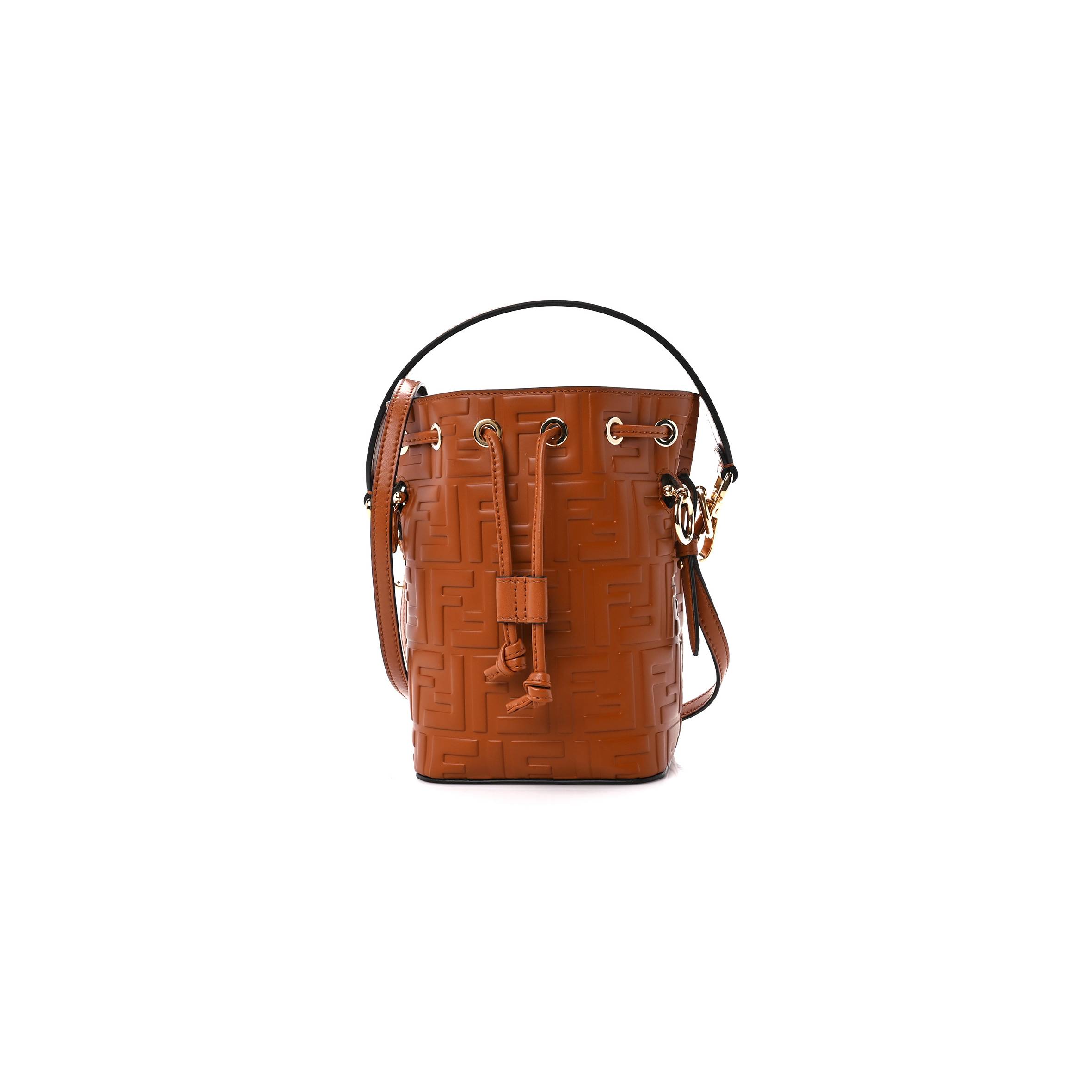 FENDI VITELLO LIBERTY F IS FENDI FF 1974 EMBOSSED MINI MON TRESOR BUCKET BAG BRANDY (20*13*11cm) FENDI VITELLO LIBERTY F IS FENDI FF 1974 EMBOSSED MINI MON TRESOR BUCKET BAG BRANDY (20*13*11cm)