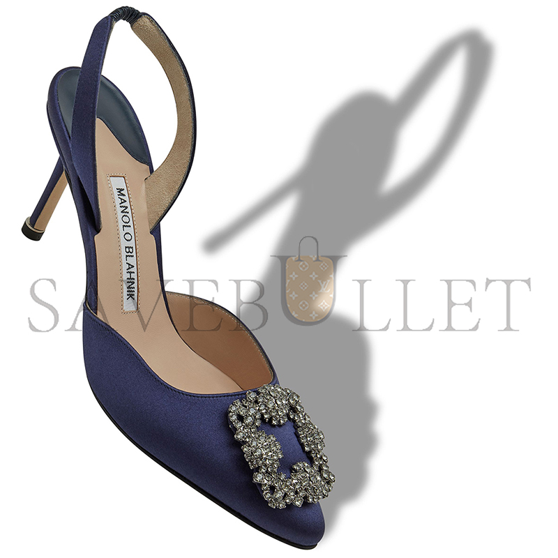 MANOLO BLAHNIK HANGISLI NAVY BLUE SATIN JEWEL BUCKLE SLINGBACK PUMPS 419-0473-0012 MANOLO BLAHNIK HANGISLI NAVY BLUE SATIN JEWEL BUCKLE SLINGBACK PUMPS 419-0473-0012