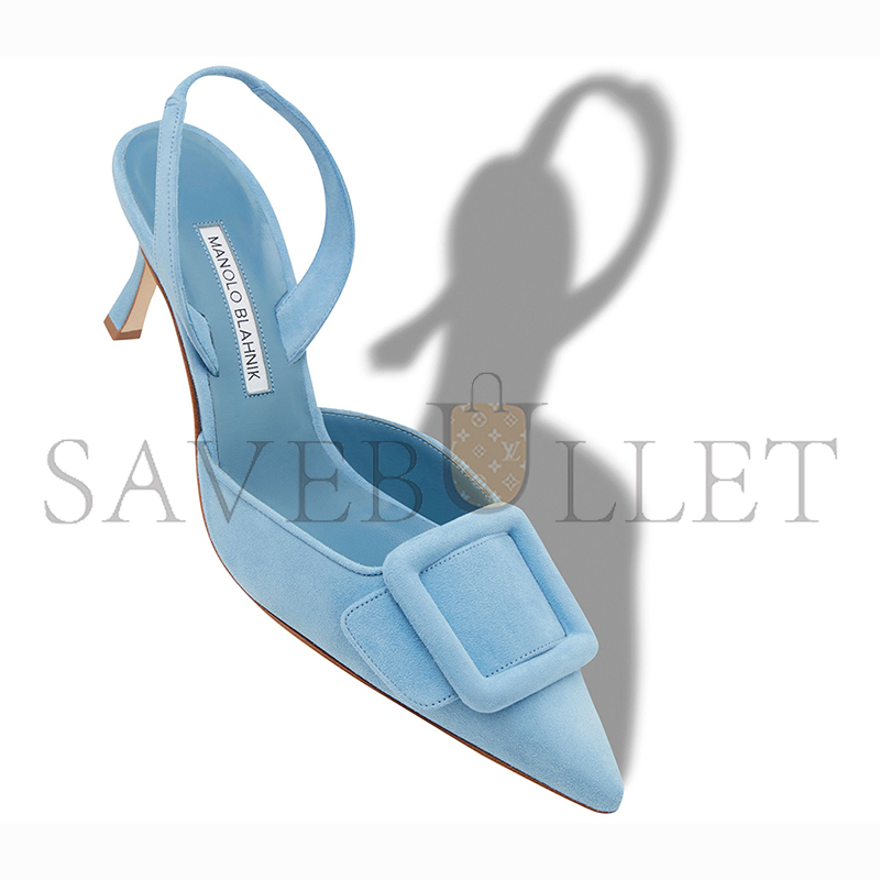 MANOLO BLAHNIK MAYSLI LIGHT BLUE SUEDE BUCKLE DETAIL SLINGBACK PUMPS 219-0182-0094