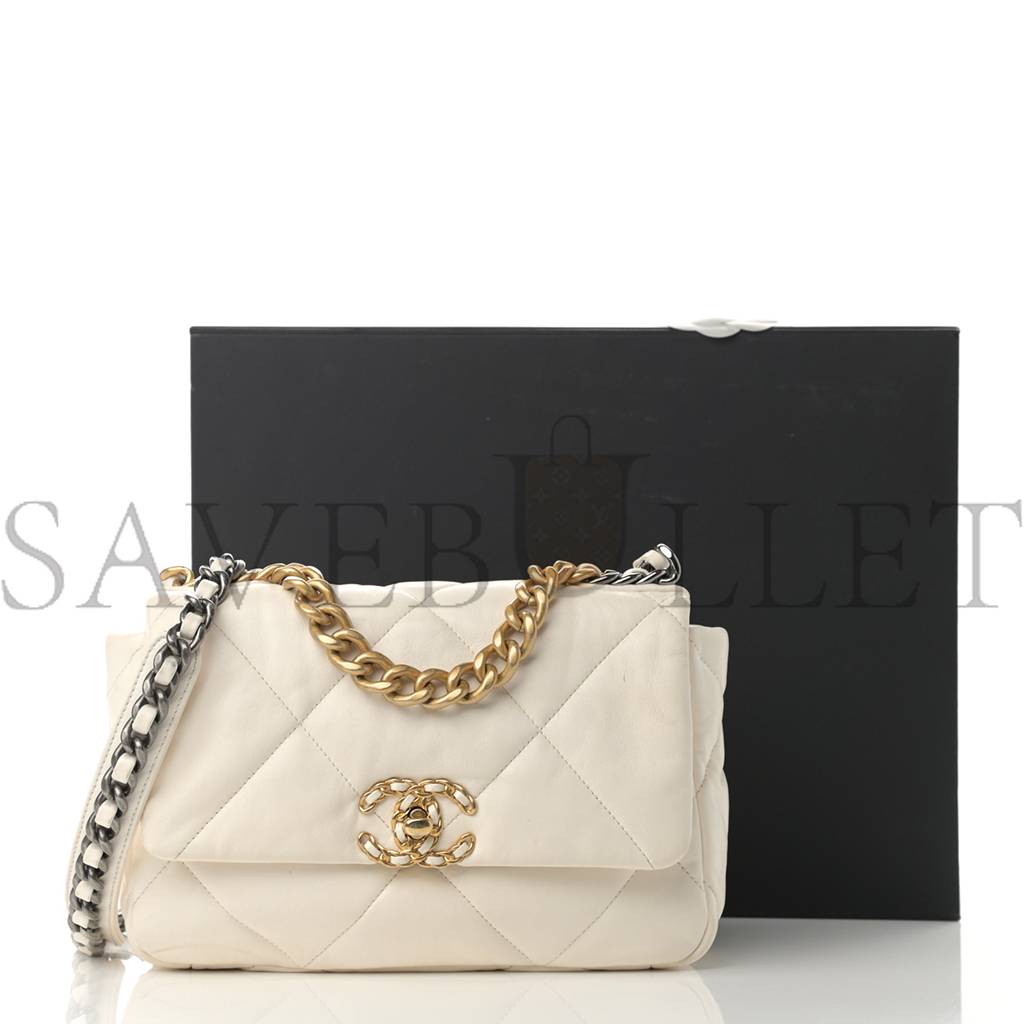 CHANEL GOATSKIN QUILTED MEDIUM CHANEL 19 FLAP WHITE GOLD HARDWARE (27*20*8cm) CHANEL GOATSKIN QUILTED MEDIUM CHANEL 19 FLAP WHITE GOLD HARDWARE (27*20*8cm)