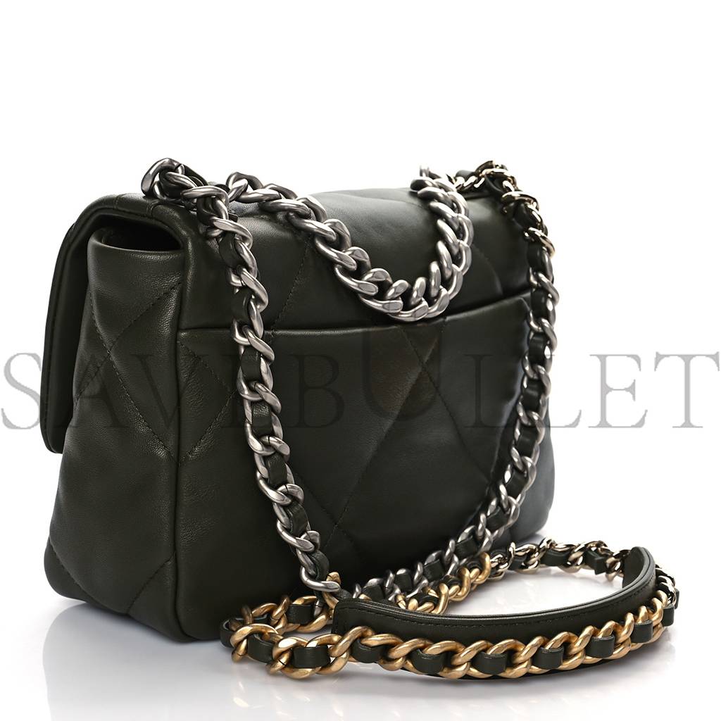 CHANEL LAMBSKIN QUILTED MEDIUM CHANEL 19 FLAP KHAKI SILVER HARDWARE (25*17*8cm) CHANEL LAMBSKIN QUILTED MEDIUM CHANEL 19 FLAP KHAKI SILVER HARDWARE (25*17*8cm)