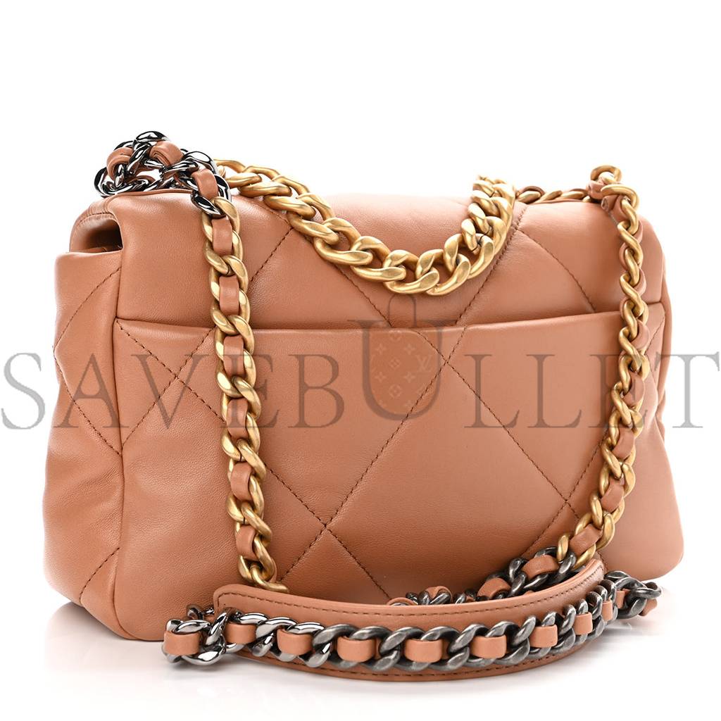 CHANEL LAMBSKIN QUILTED MEDIUM CHANEL 19 FLAP LIGHT BROWN GOLD HARDWARE (25*17*8cm) CHANEL LAMBSKIN QUILTED MEDIUM CHANEL 19 FLAP LIGHT BROWN GOLD HARDWARE (25*17*8cm)