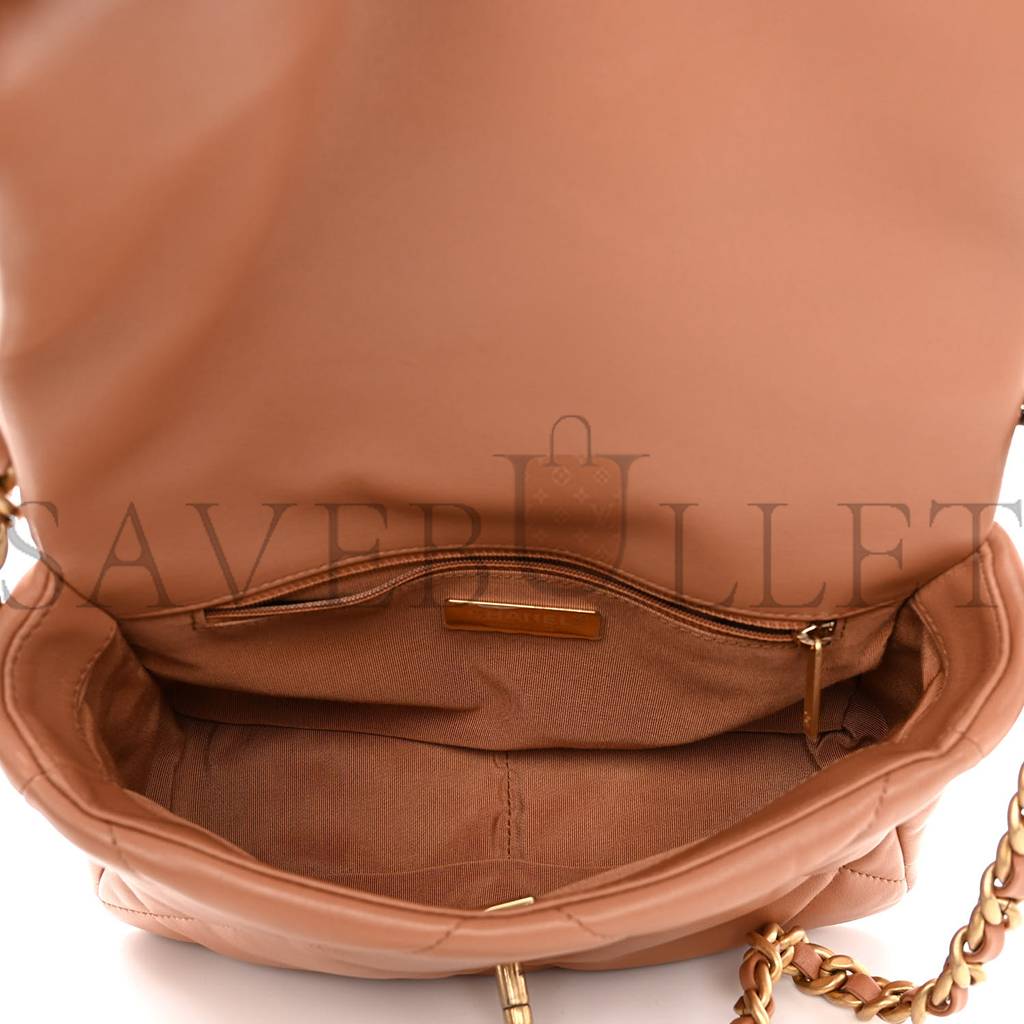 CHANEL LAMBSKIN QUILTED MEDIUM CHANEL 19 FLAP LIGHT BROWN GOLD HARDWARE (25*17*8cm) CHANEL LAMBSKIN QUILTED MEDIUM CHANEL 19 FLAP LIGHT BROWN GOLD HARDWARE (25*17*8cm)