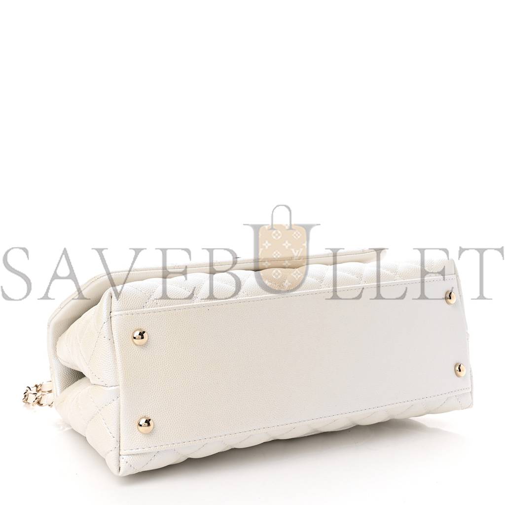 CHANEL IRIDESCENT CAVIAR QUILTED SMALL COCO HANDLE FLAP WHITE ROSE GOLD HARDWARE (28*17*11cm) CHANEL IRIDESCENT CAVIAR QUILTED SMALL COCO HANDLE FLAP WHITE ROSE GOLD HARDWARE (28*17*11cm)