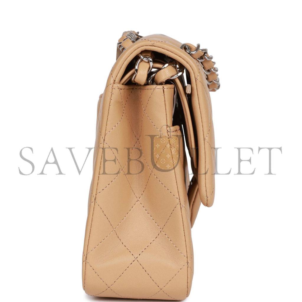 CHANEL MEDIUM CLASSIC DOUBLE FLAP BAG BEIGE LAMBSKIN SILVER HARDWARE (25*15*7cm) CHANEL MEDIUM CLASSIC DOUBLE FLAP BAG BEIGE LAMBSKIN SILVER HARDWARE (25*15*7cm)