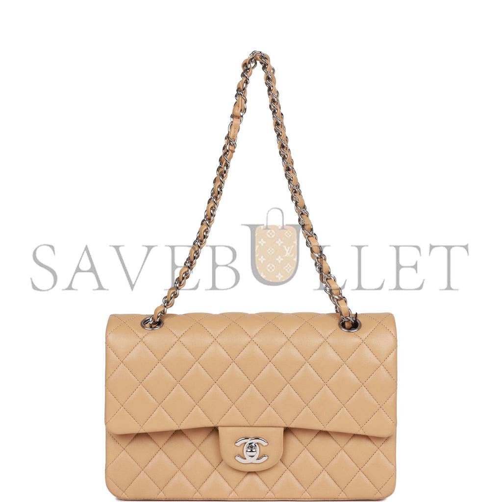 CHANEL MEDIUM CLASSIC DOUBLE FLAP BAG BEIGE LAMBSKIN SILVER HARDWARE (25*15*7cm) CHANEL MEDIUM CLASSIC DOUBLE FLAP BAG BEIGE LAMBSKIN SILVER HARDWARE (25*15*7cm)