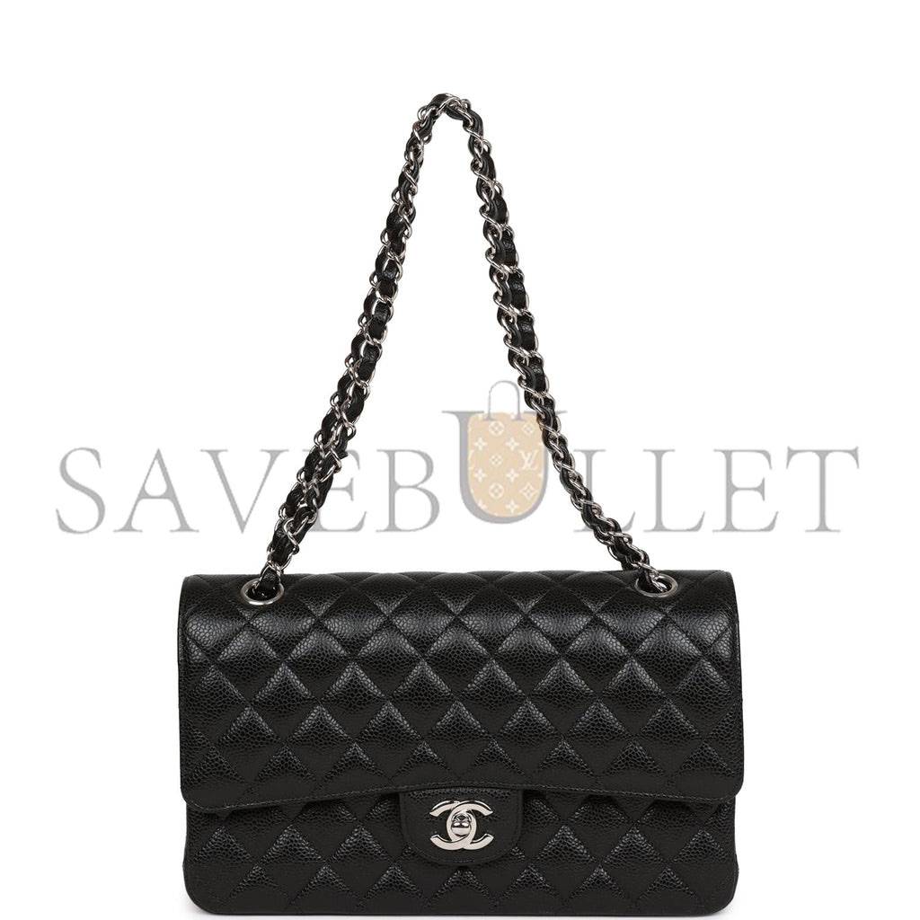 CHANEL MEDIUM CLASSIC DOUBLE FLAP BAG BLACK QUILTED CAVIAR SILVER HARDWARE (25*15*7cm) CHANEL MEDIUM CLASSIC DOUBLE FLAP BAG BLACK QUILTED CAVIAR SILVER HARDWARE (25*15*7cm)