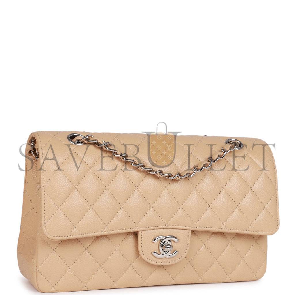 CHANEL MEDIUM CLASSIC DOUBLE FLAP BAG BEIGE CAVIAR SILVER HARDWARE (25*15*7cm) CHANEL MEDIUM CLASSIC DOUBLE FLAP BAG BEIGE CAVIAR SILVER HARDWARE (25*15*7cm)