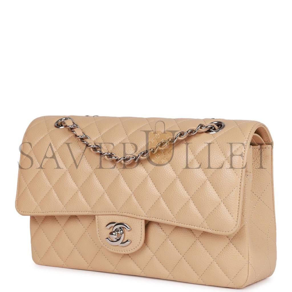 CHANEL MEDIUM CLASSIC DOUBLE FLAP BAG BEIGE CAVIAR SILVER HARDWARE (25*15*7cm) CHANEL MEDIUM CLASSIC DOUBLE FLAP BAG BEIGE CAVIAR SILVER HARDWARE (25*15*7cm)