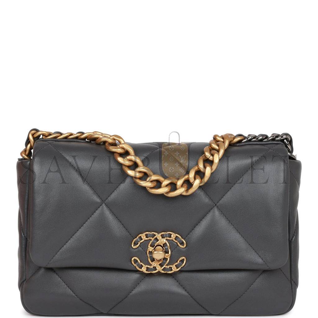 CHANEL MEDIUM 19 FLAP BAG GREY CALFSKIN MIXED HARDWARE (25*16*9cm) CHANEL MEDIUM 19 FLAP BAG GREY CALFSKIN MIXED HARDWARE (25*16*9cm)
