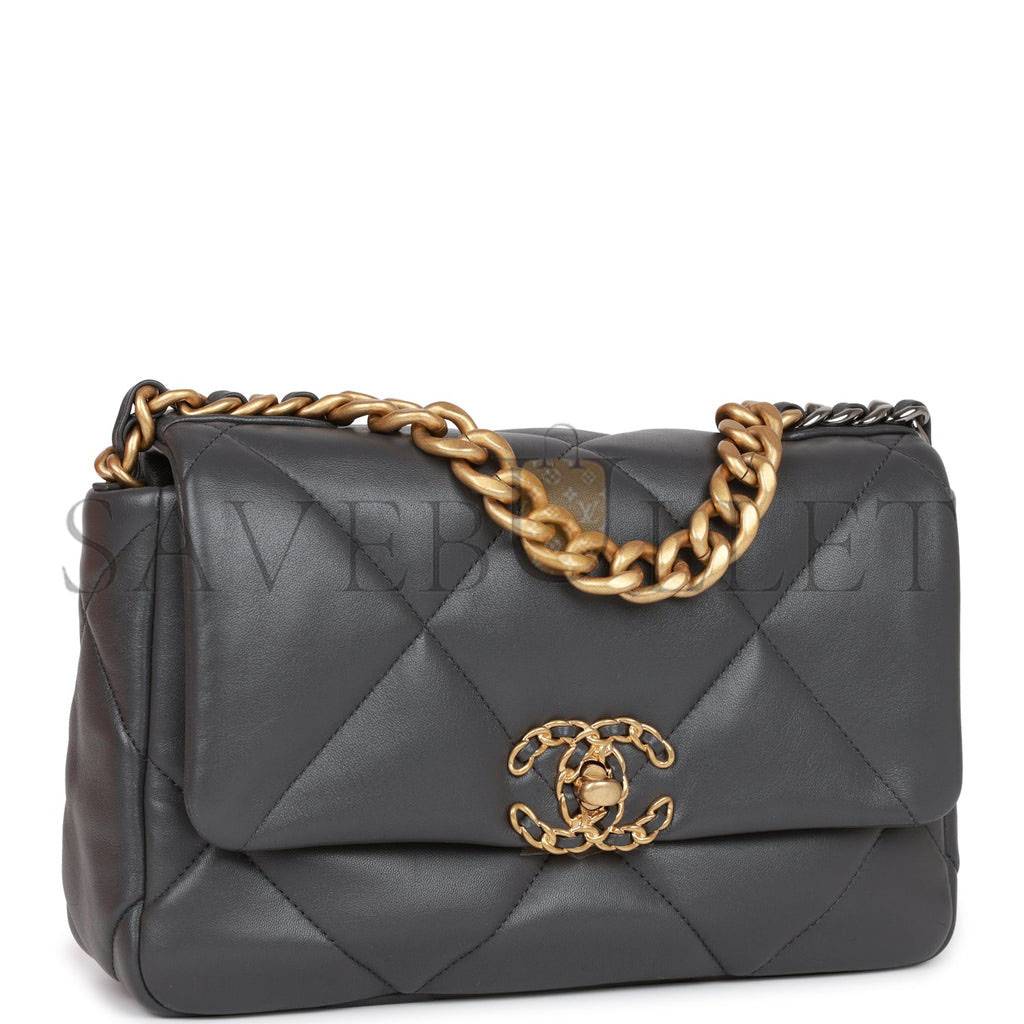 CHANEL MEDIUM 19 FLAP BAG GREY CALFSKIN MIXED HARDWARE (25*16*9cm) CHANEL MEDIUM 19 FLAP BAG GREY CALFSKIN MIXED HARDWARE (25*16*9cm)
