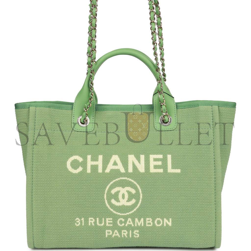 CHANEL SMALL DEAUVILLE SHOPPING BAG GREEN BOUCLE LIGHT GOLD HARDWARE (34*27*15cm) CHANEL SMALL DEAUVILLE SHOPPING BAG GREEN BOUCLE LIGHT GOLD HARDWARE (34*27*15cm)