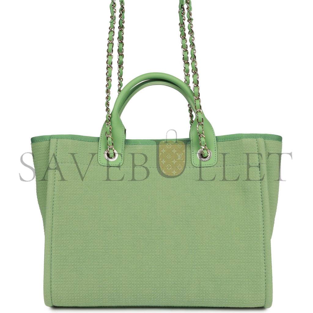 CHANEL SMALL DEAUVILLE SHOPPING BAG GREEN BOUCLE LIGHT GOLD HARDWARE (34*27*15cm) CHANEL SMALL DEAUVILLE SHOPPING BAG GREEN BOUCLE LIGHT GOLD HARDWARE (34*27*15cm)