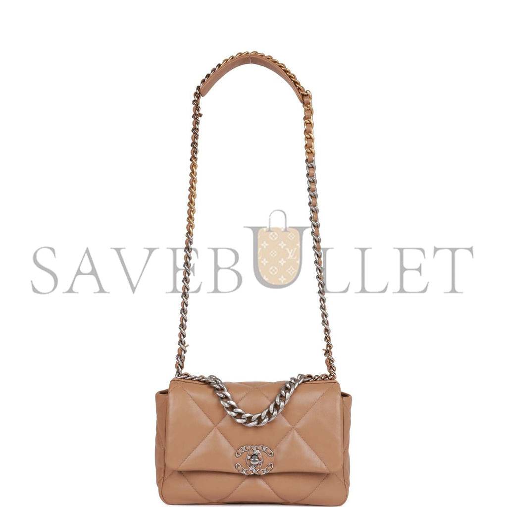 CHANEL MEDIUM 19 FLAP BAG BEIGE CALFSKIN MIXED HARDWARE (25*16*9cm) CHANEL MEDIUM 19 FLAP BAG BEIGE CALFSKIN MIXED HARDWARE (25*16*9cm)