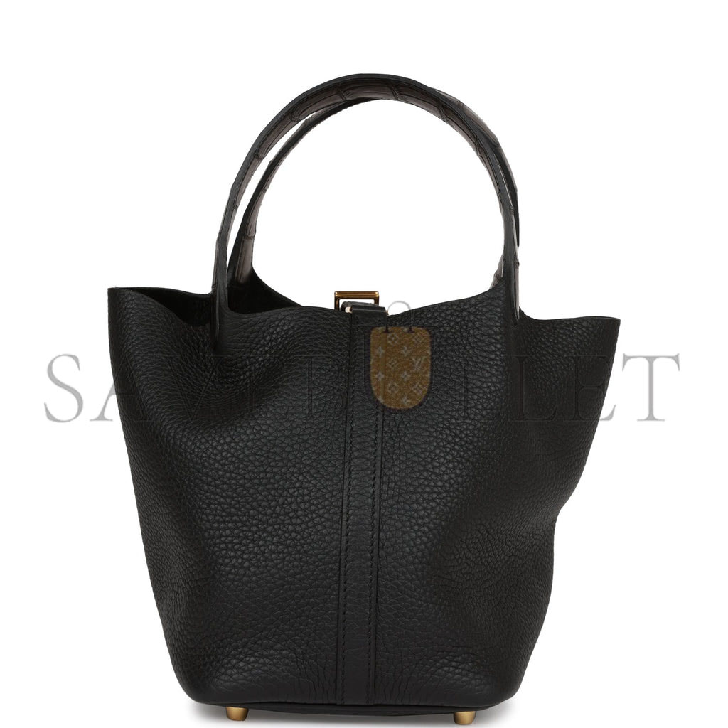 HERMES PICOTIN LOCK 18 BLACK MATTE ALLIGATOR AND CLEMENCE TOUCH GOLD HARDWARE (18*13*18cm) HERMES PICOTIN LOCK 18 BLACK MATTE ALLIGATOR AND CLEMENCE TOUCH GOLD HARDWARE (18*13*18cm)