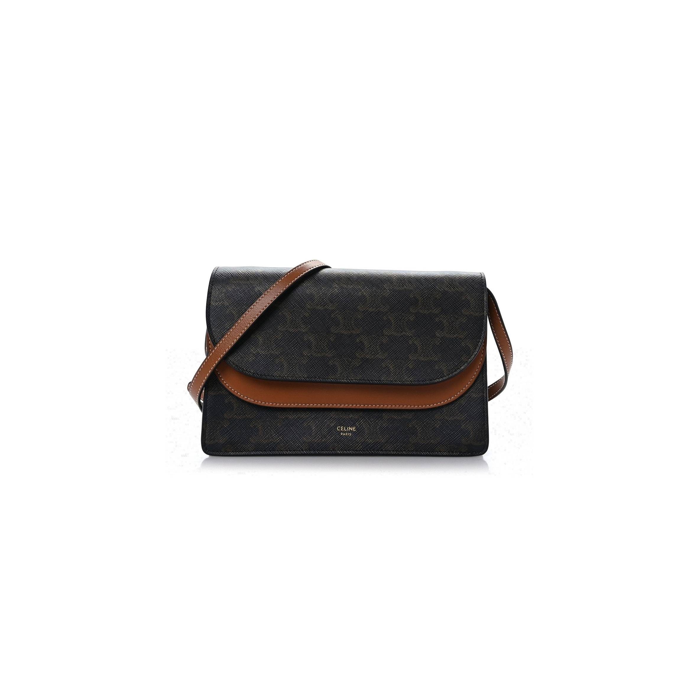 CELINE TRIOMPHE CANVAS LAMBSKIN WALLET ON STRAP TAN (20*13*6cm)