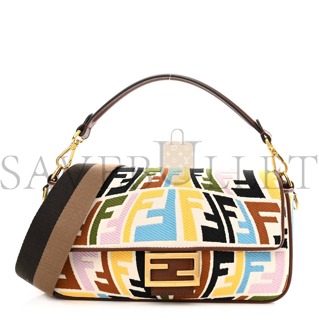 FENDI X SARA COLEMAN CANVAS VITELLO KING SETA FF FISH EYE EMBROIDERED BAGUETTE GREZZO MULTICOLOR GHIANDA (28*16*6cm) FENDI X SARA COLEMAN CANVAS VITELLO KING SETA FF FISH EYE EMBROIDERED BAGUETTE GREZZO MULTICOLOR GHIANDA (28*16*6cm)